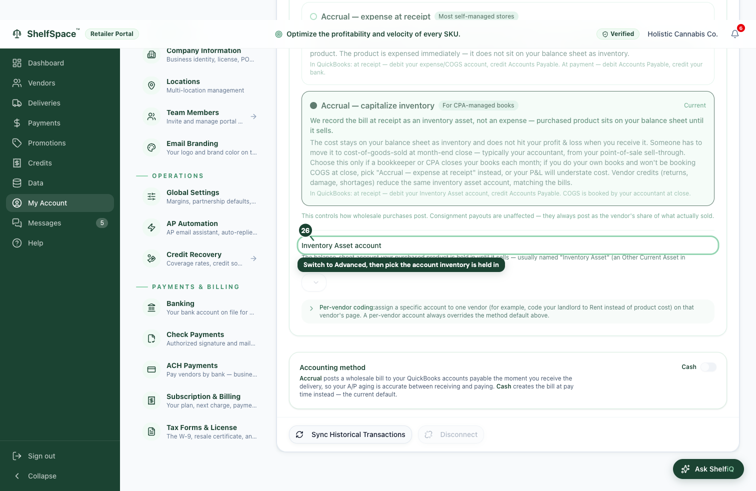 Switch to Advanced, then pick the account inventory is held in