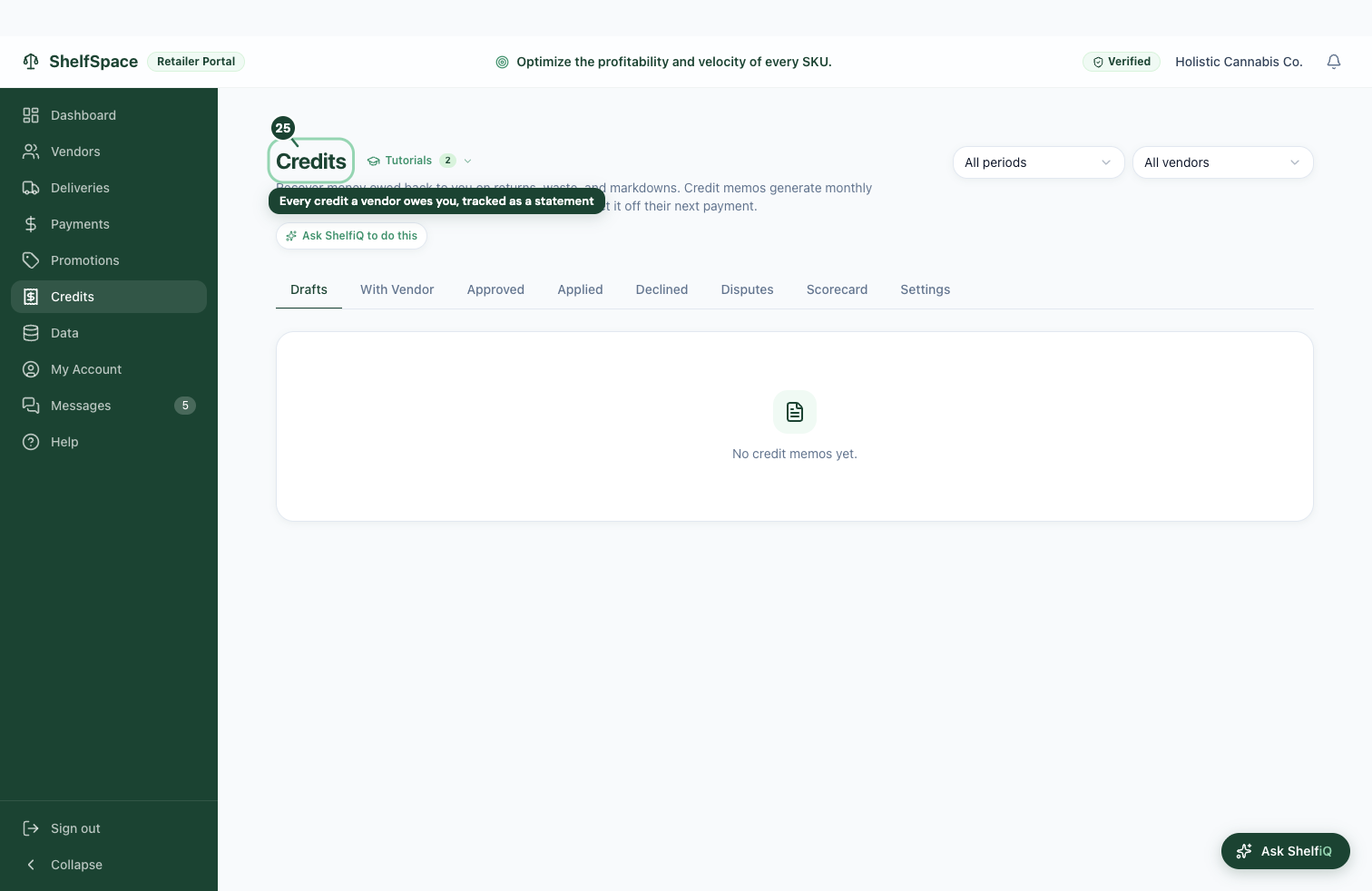 Every credit a vendor owes you, tracked as a statement