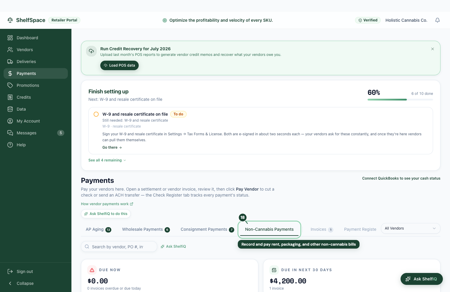 Record and pay rent, packaging, and other non-cannabis bills