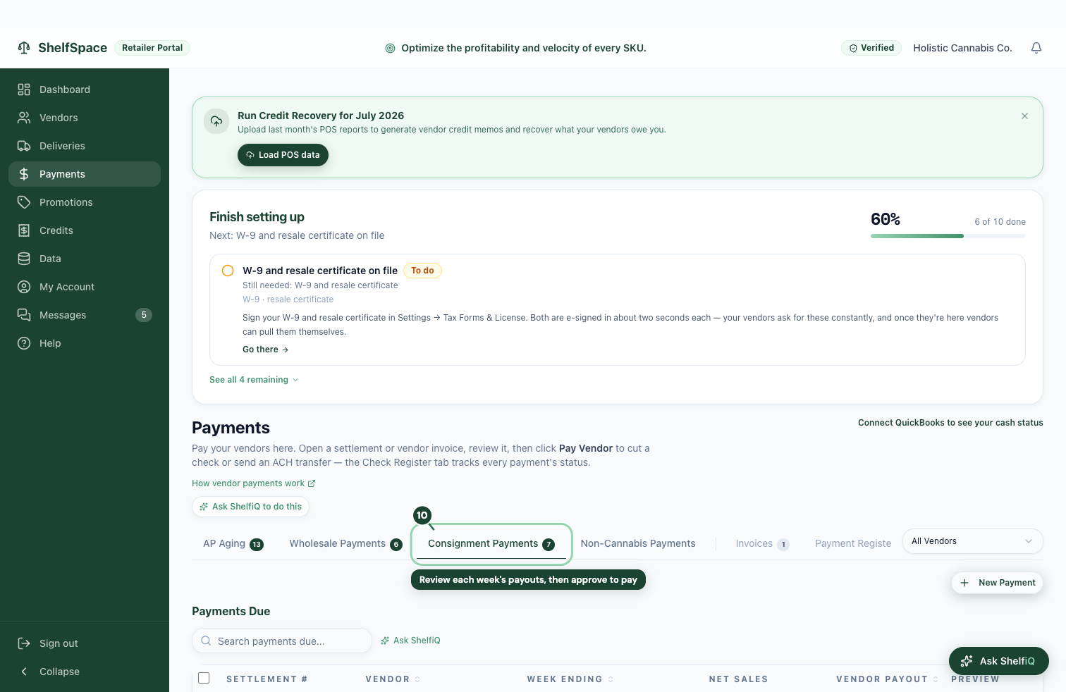 Review each week's payouts, then approve to pay