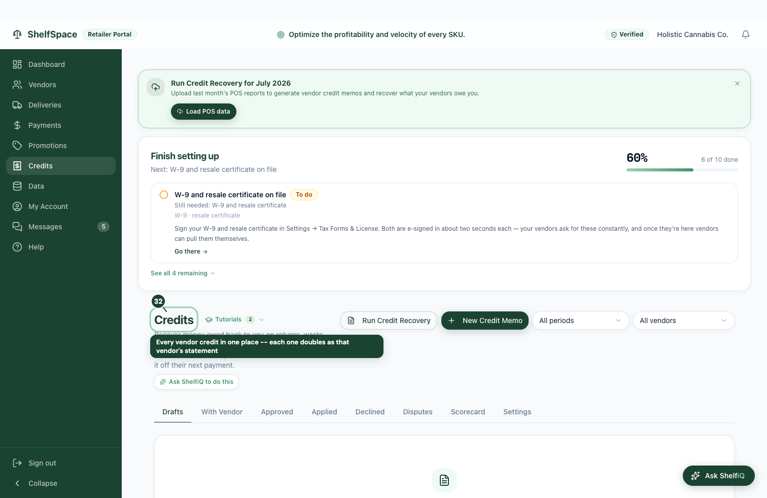 Every vendor credit in one place -- each one doubles as that vendor's statement