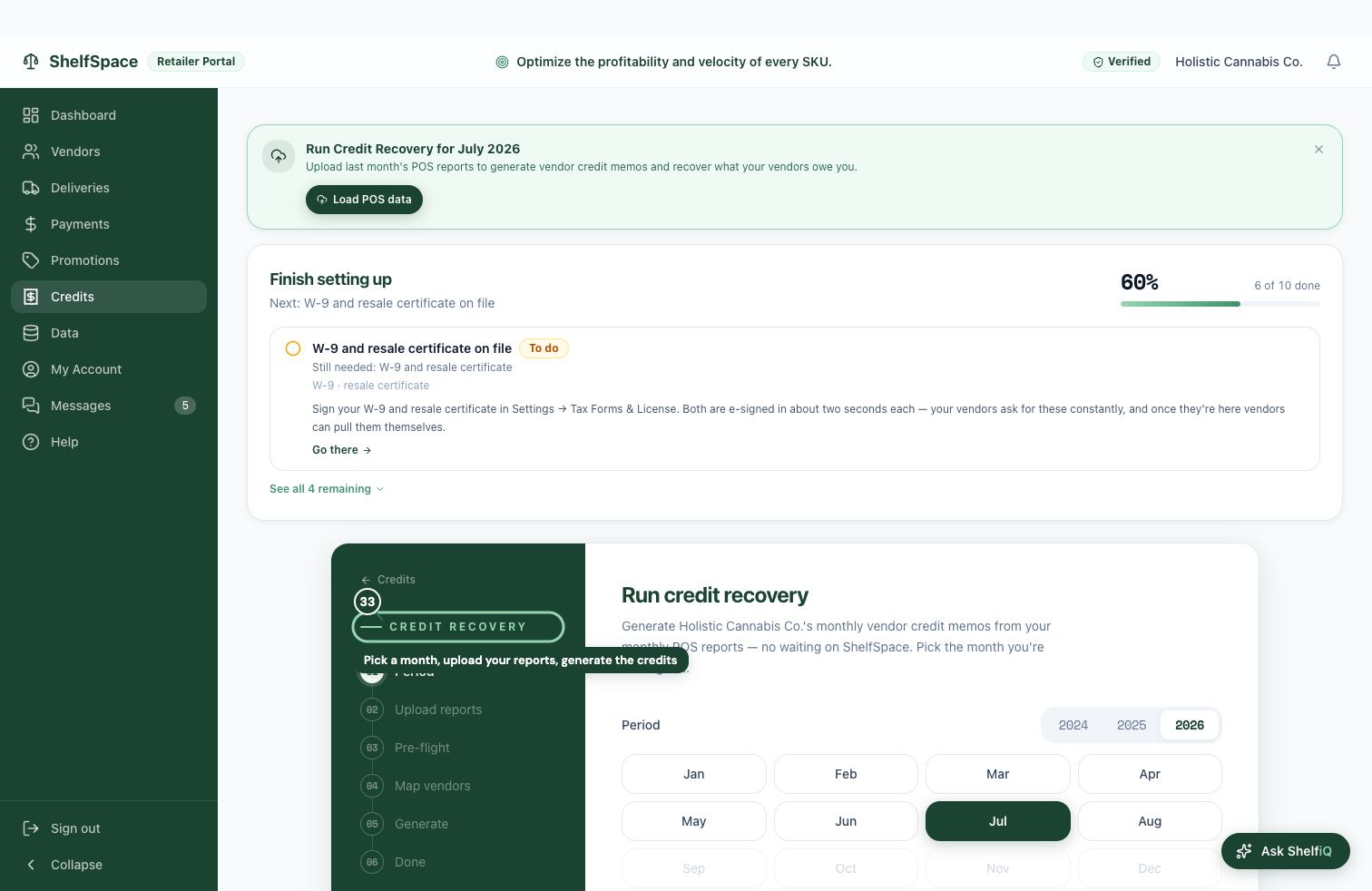 Pick a month, upload your reports, generate the credits