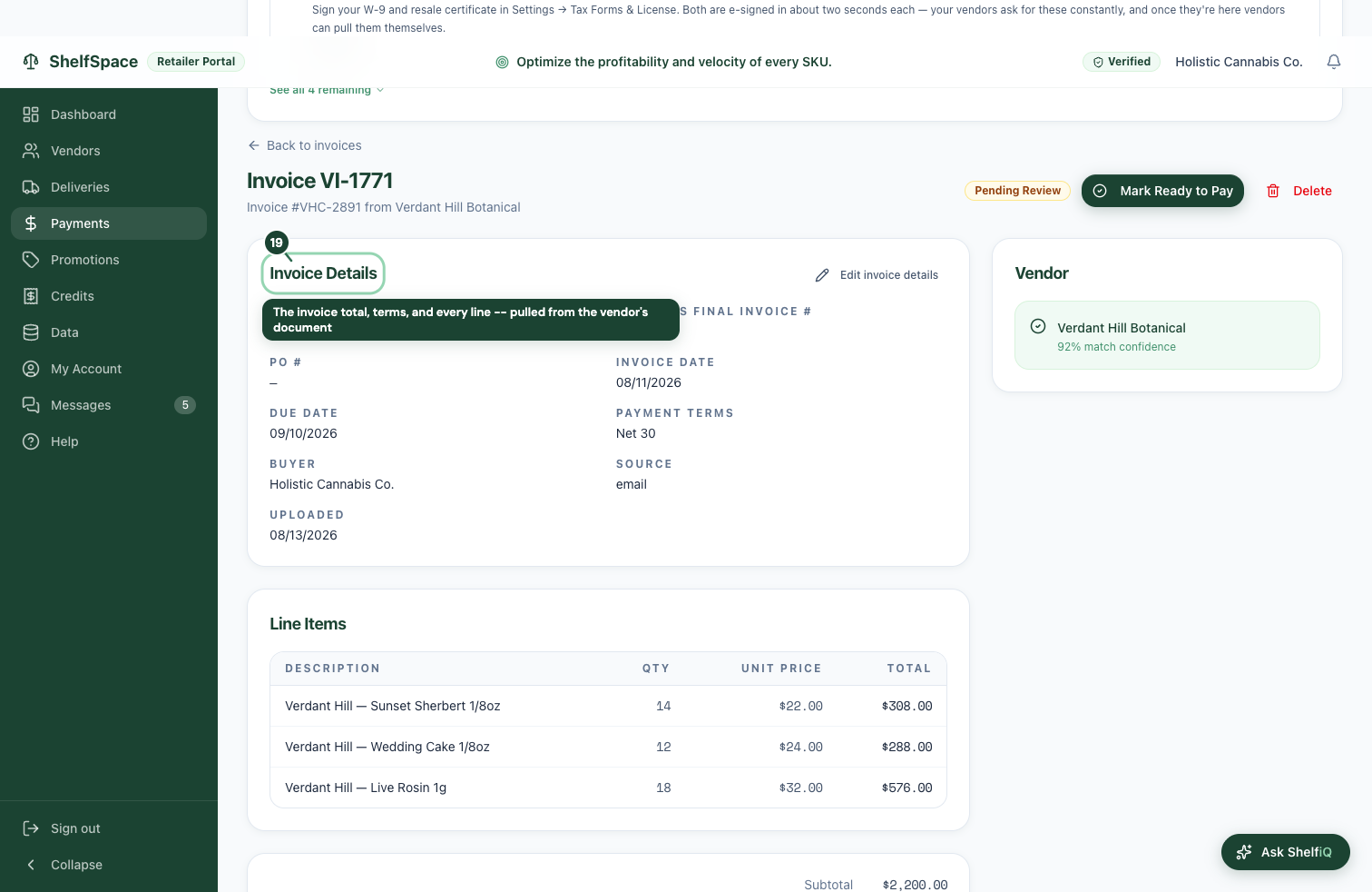The invoice total, terms, and every line -- pulled from the vendor's document