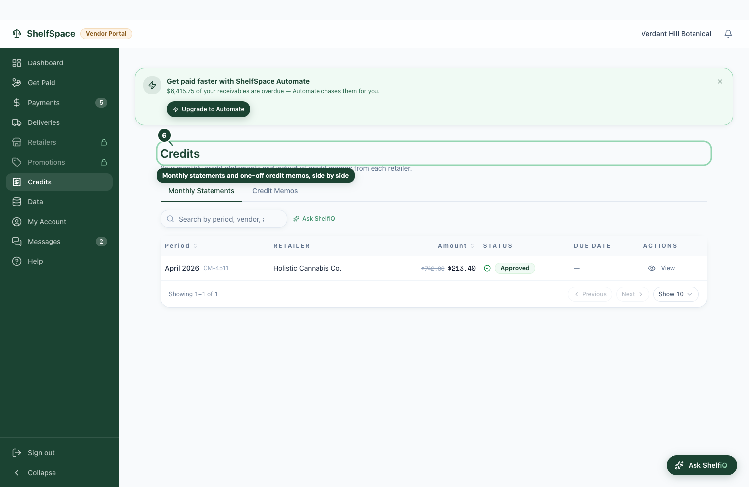 Monthly statements and one-off credit memos, side by side