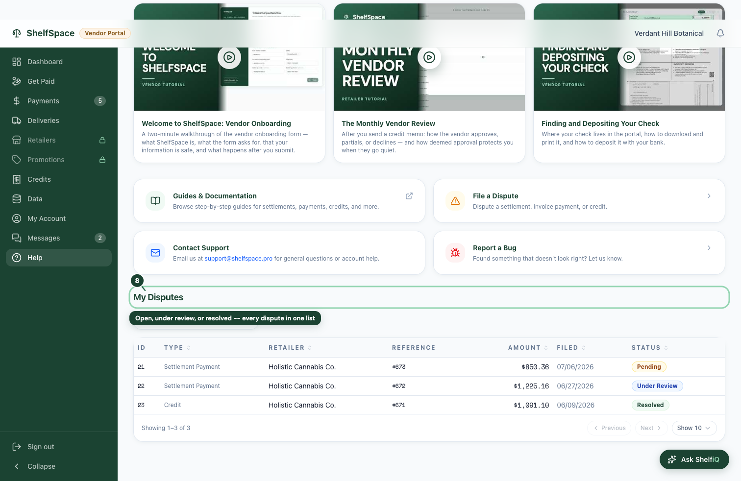 Open, under review, or resolved -- every dispute in one list
