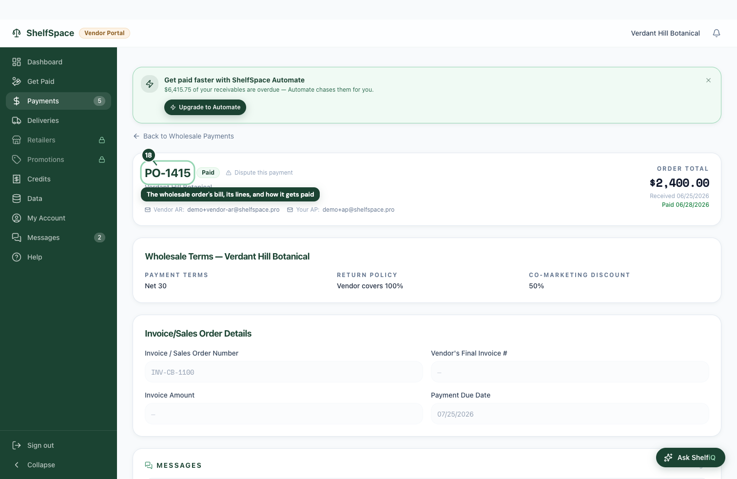 The wholesale order's bill, its lines, and how it gets paid